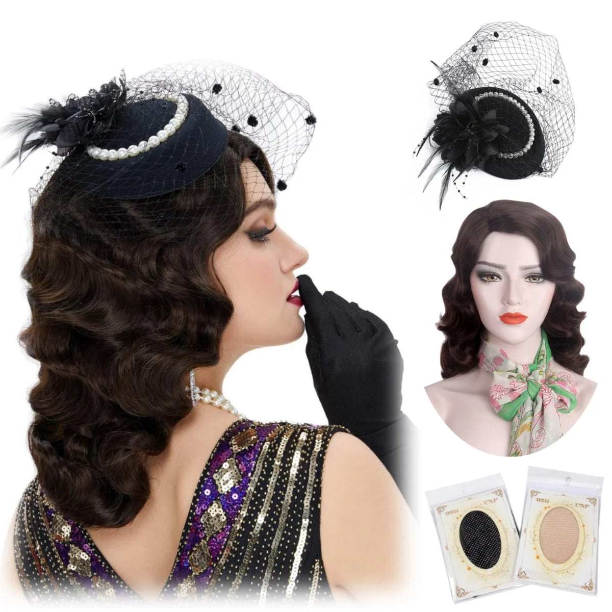 Lang 1920-talls Finger Wave Gatsby Parykk