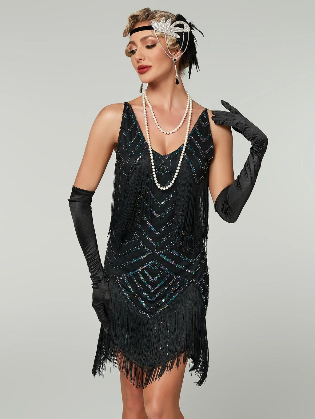 Gatsby Flapper Kjole med Paljetter og Frynser