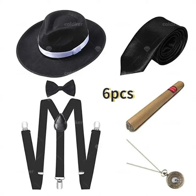 Retro Gangster Tilbehørsett (Hatt, Seler & Sløyfe)