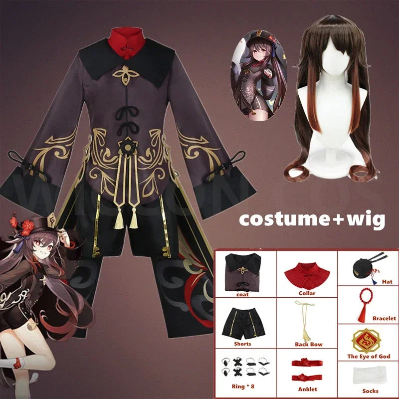 Genshin Impact Hu Tao Cosplay Kostyme & Parykk