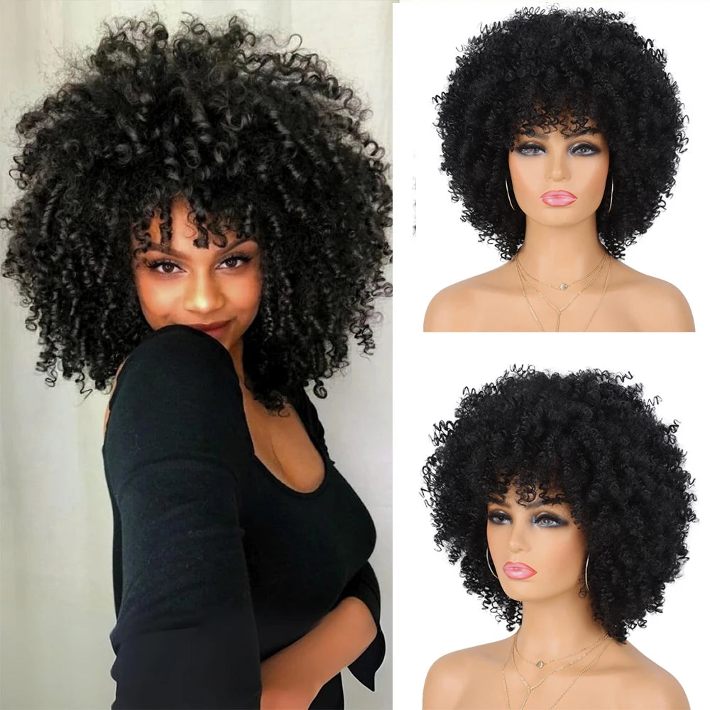 Kort Kinky Curly Afroparykk med Pannelugg