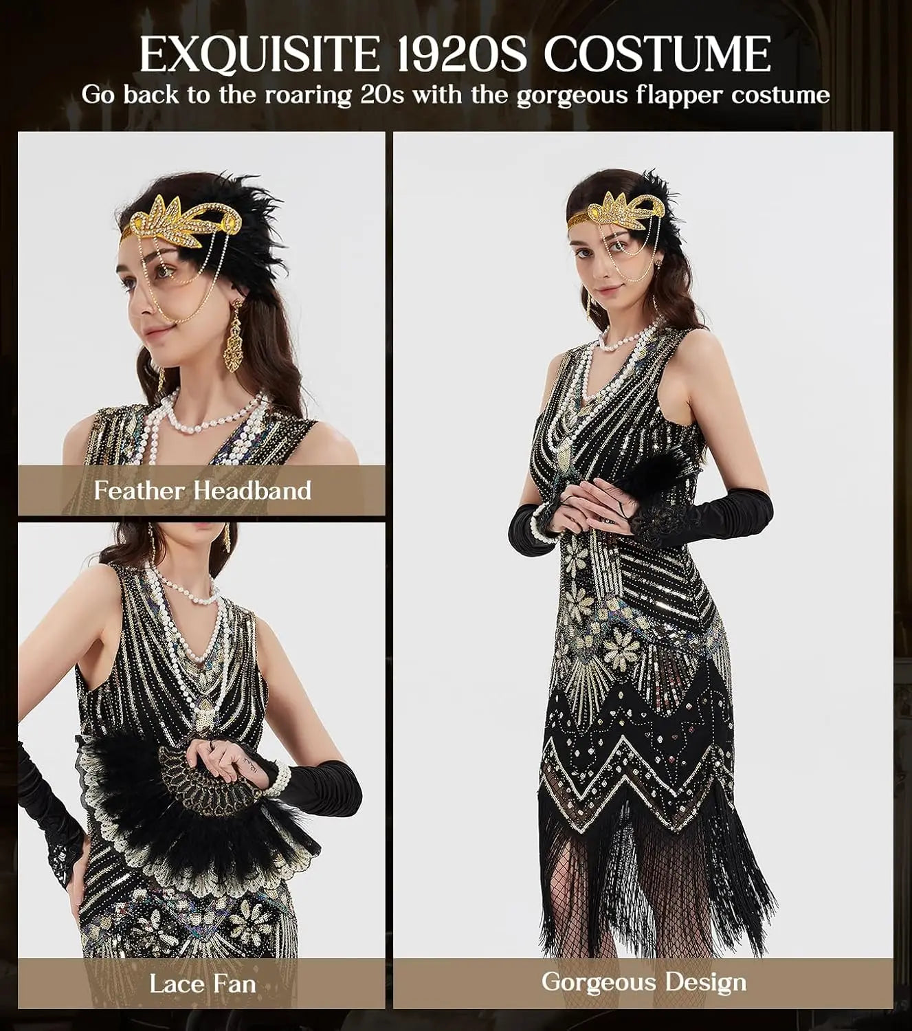 Elegant Great Gatsby Flapper Kjole med Tilbehørsett