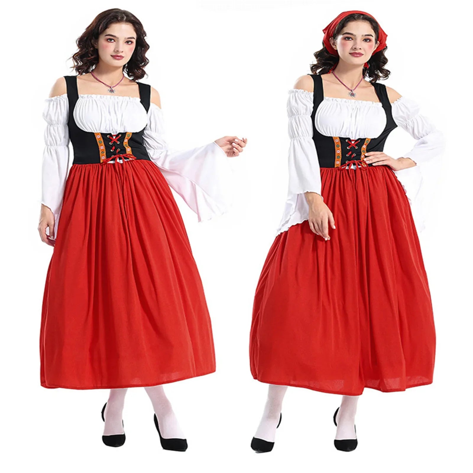 Tradisjonell Bayersk Dirndl med Forkle og Hodeskjerf