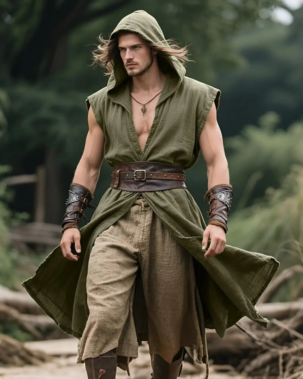 Mens Medieval Hooded Surcoat Kostyme