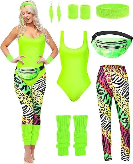 7-Delers Neon 80s Aerobic Kostymesett for Damer