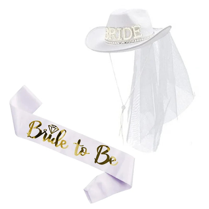Bride To Be Cowboyhatt med Slør & Satengbånd