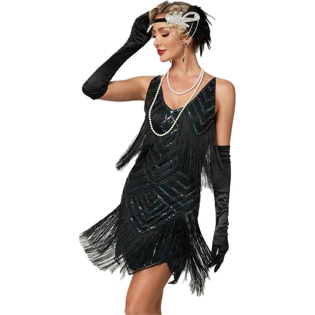 Gatsby Flapper Kjole med Paljetter og Frynser