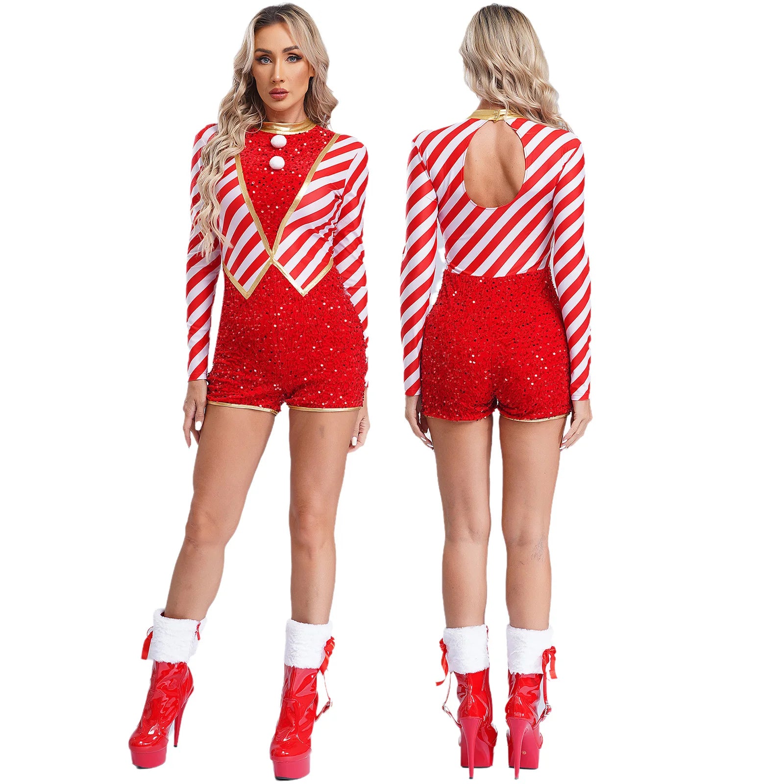 Candy Cane Jumpsuit for Damer med Paljetter og Pomponger