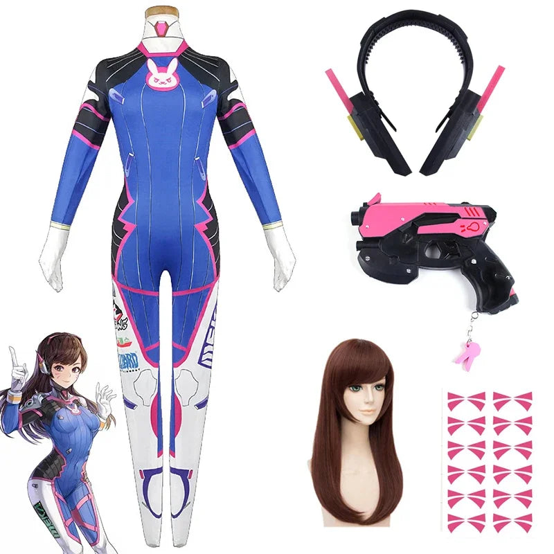 Overwatch D.Va Deluxe Cosplay-sett med Parykk & Hodesett