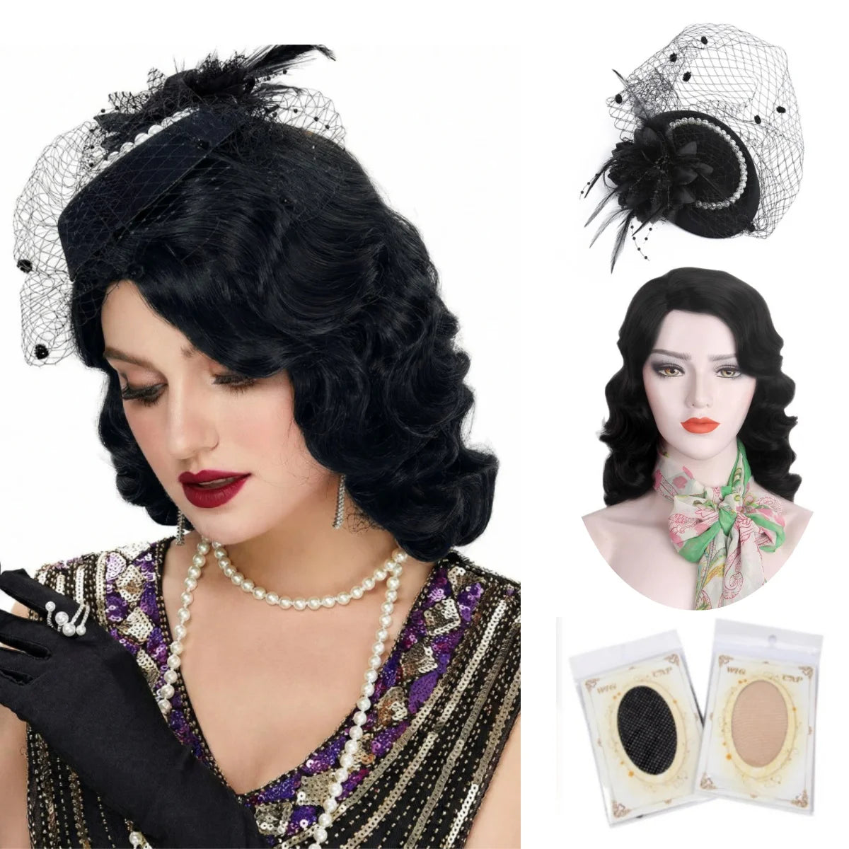 Lang 1920-talls Finger Wave Gatsby Parykk