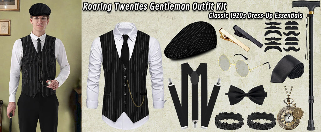 Complete 1920-tallet Herre Kostymesett med Vest & Hatt