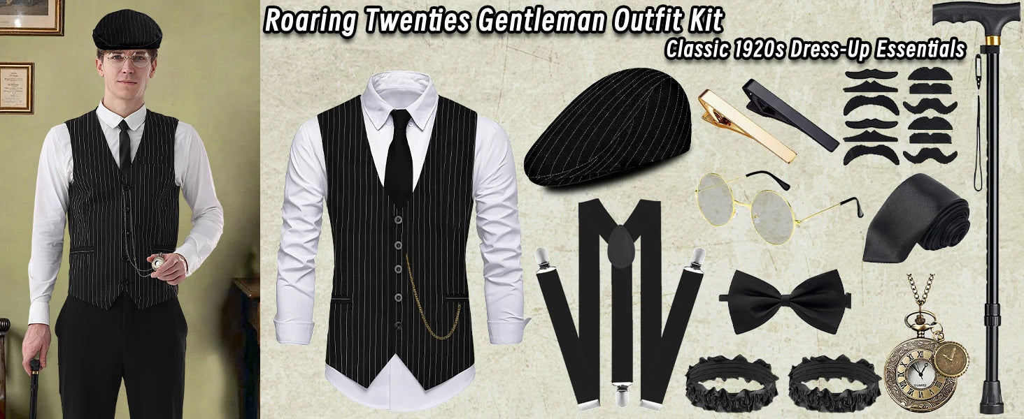 Complete 1920-tallet Herre Kostymesett med Vest & Hatt