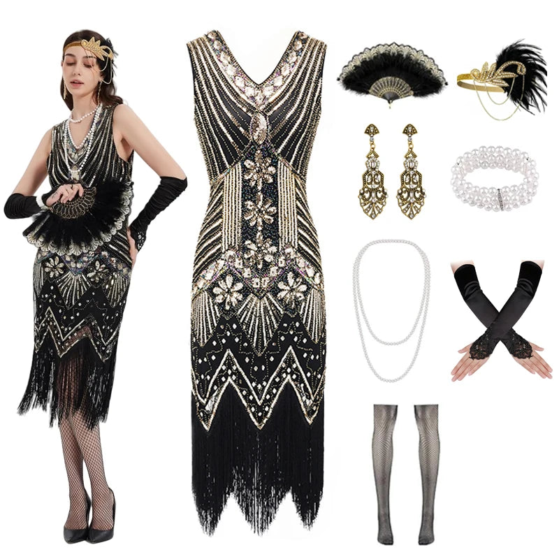 Elegant Great Gatsby Flapper Kjole med Tilbehørsett