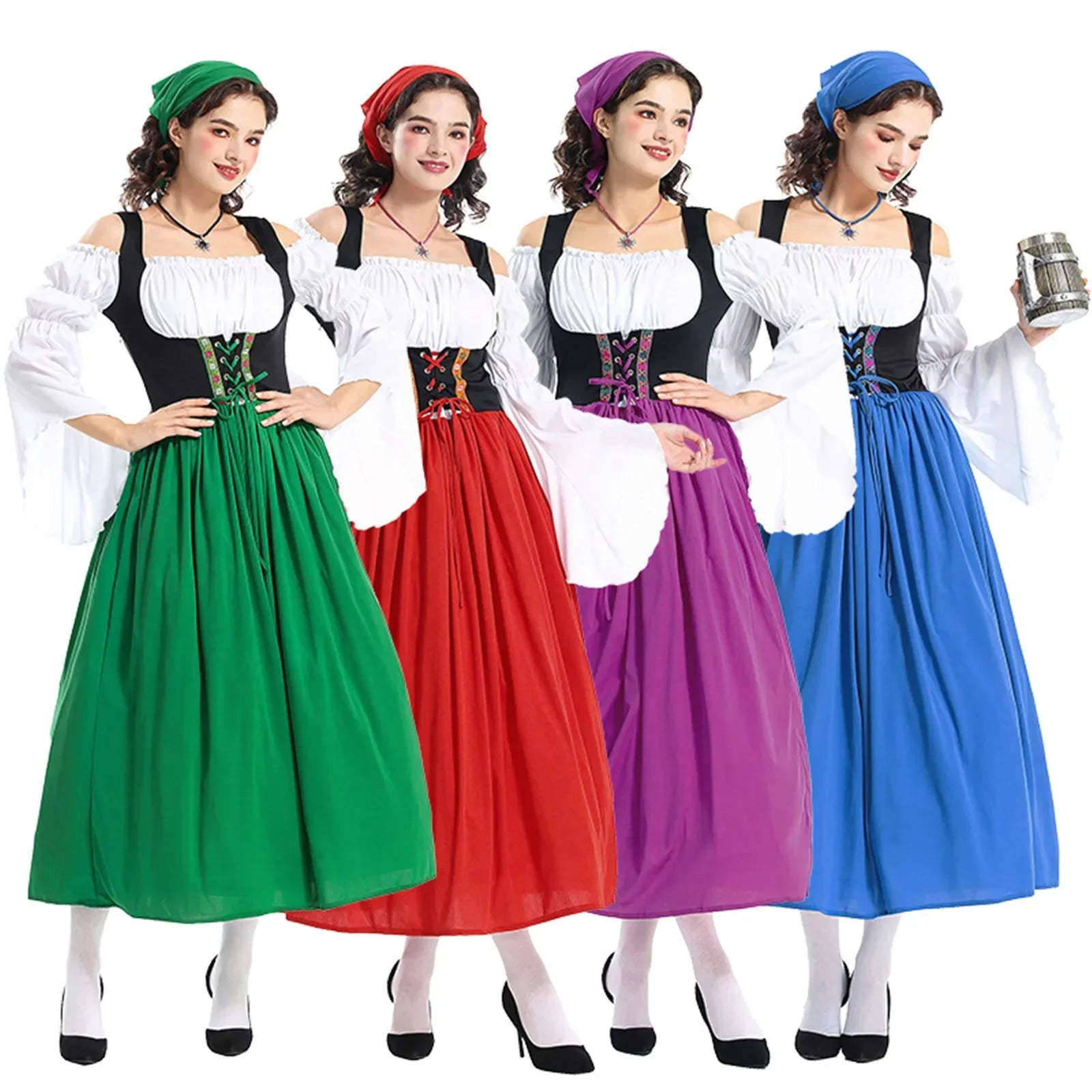 Tradisjonell Bayersk Dirndl med Forkle og Hodeskjerf