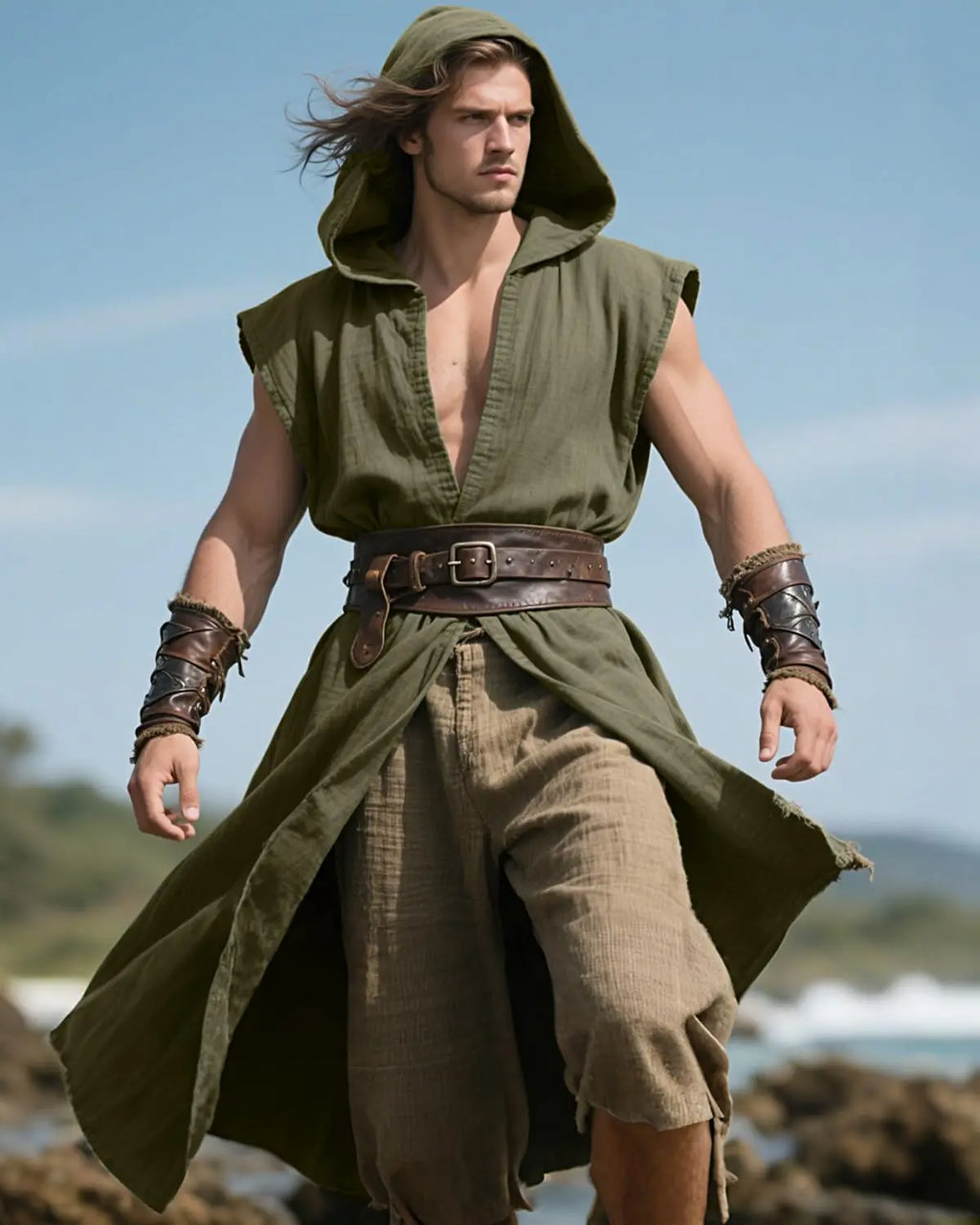 Mens Medieval Hooded Surcoat Kostyme