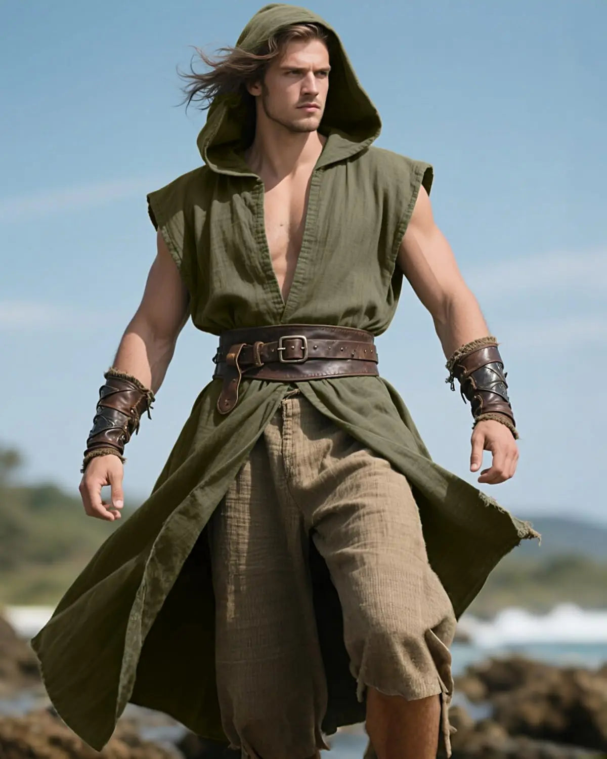 Mens Medieval Hooded Surcoat Kostyme
