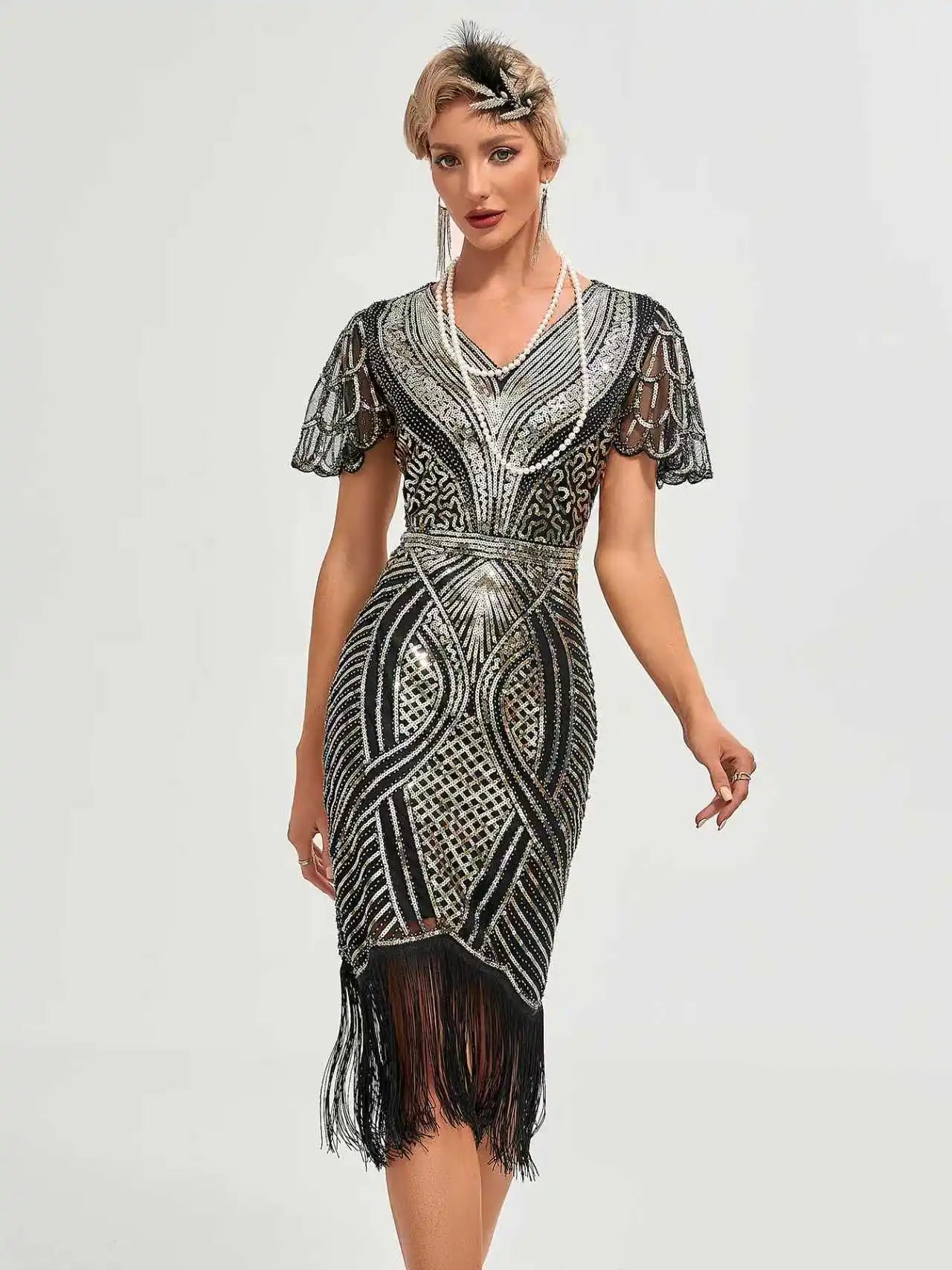 Roaring 20s Flapper Kostymekjole med Perler og Frynser