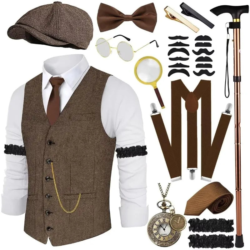 Complete 1920-tallet Herre Kostymesett med Vest & Hatt