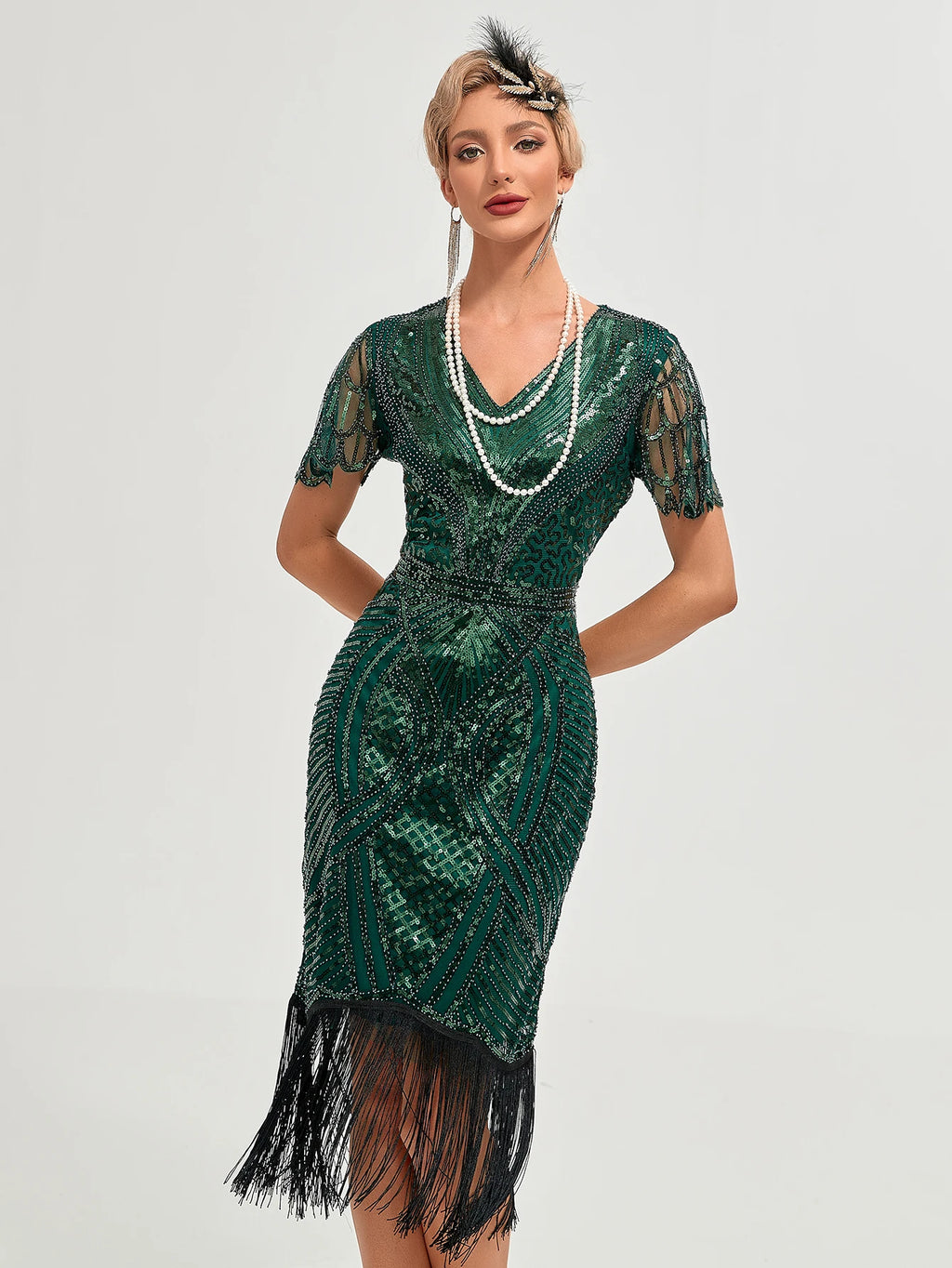 Roaring 20s Flapper Kostymekjole med Perler og Frynser