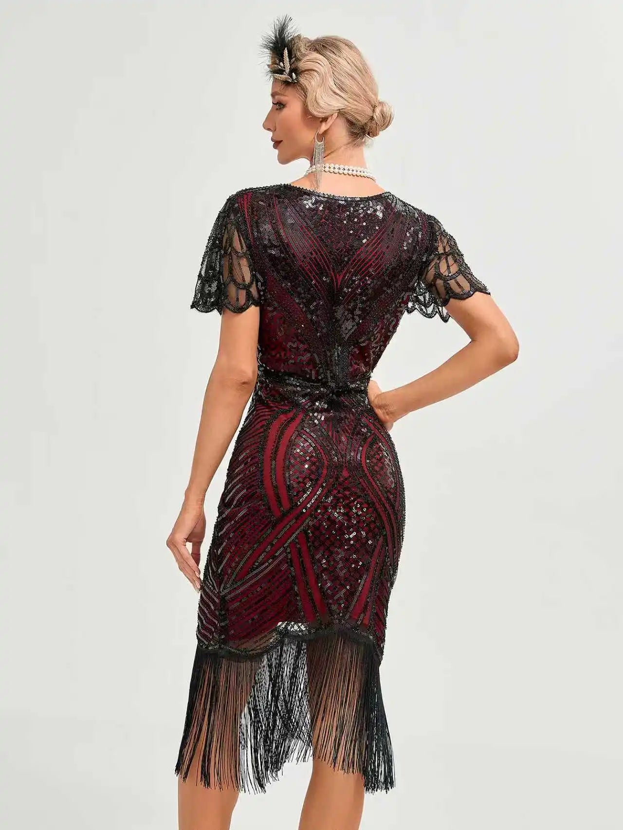 Roaring 20s Flapper Kostymekjole med Perler og Frynser