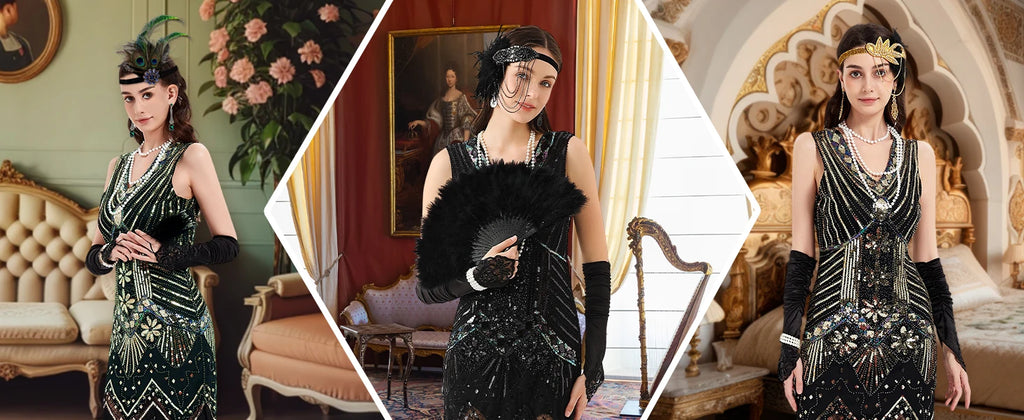 Elegant Great Gatsby Flapper Kjole med Tilbehørsett