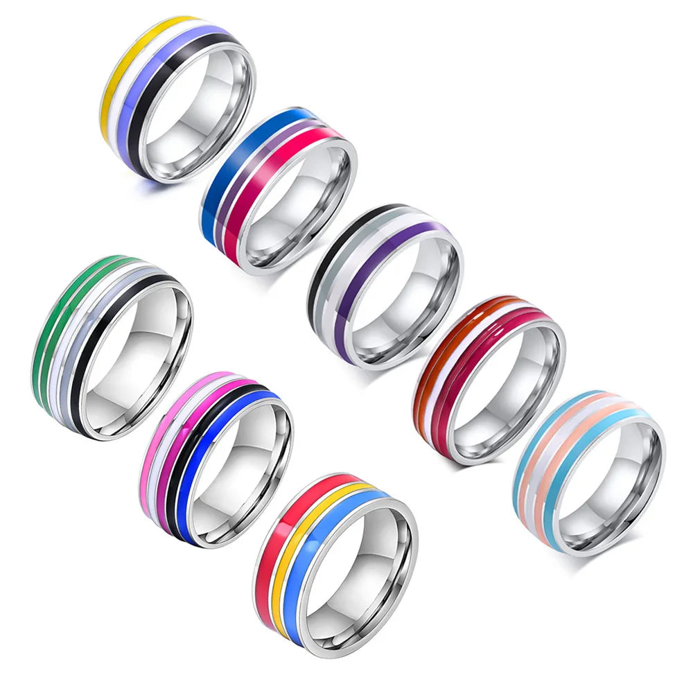 Pride Ring i Rustfritt Stål med Regnbuestripe