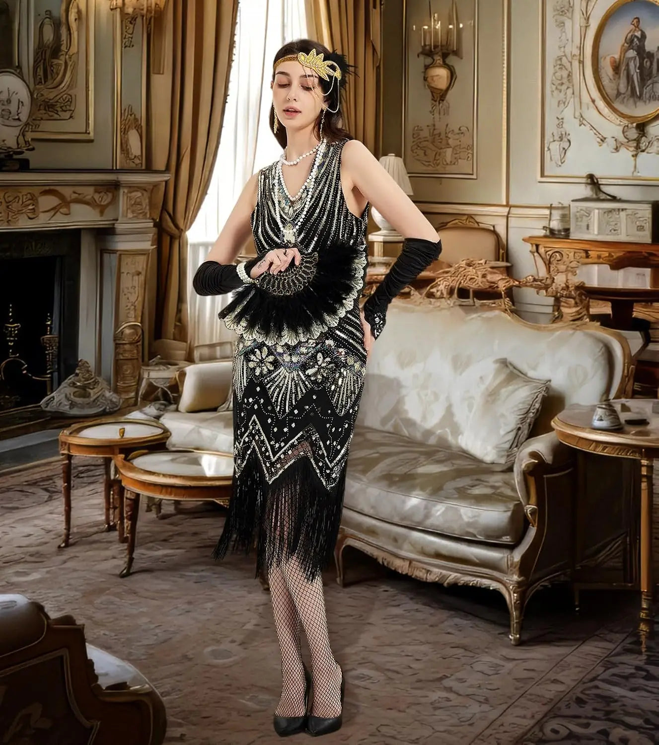 Elegant Great Gatsby Flapper Kjole med Tilbehørsett