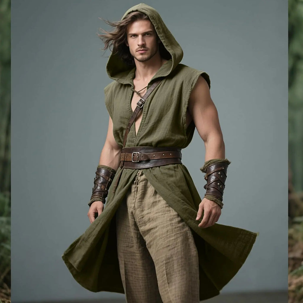 Mens Medieval Hooded Surcoat Kostyme