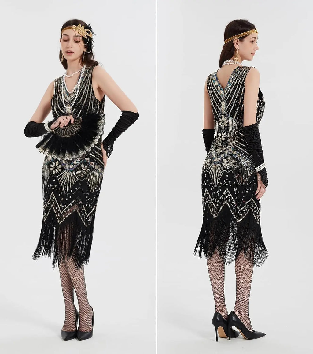 Elegant Great Gatsby Flapper Kjole med Tilbehørsett