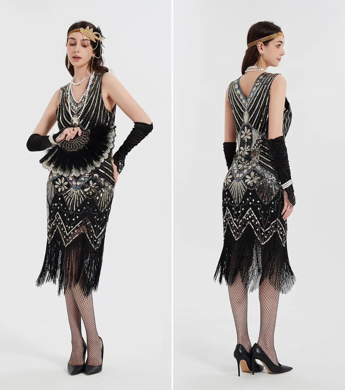 Elegant Great Gatsby Flapper Kjole med Tilbehørsett