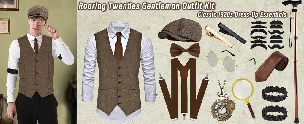 Complete 1920-tallet Herre Kostymesett med Vest & Hatt