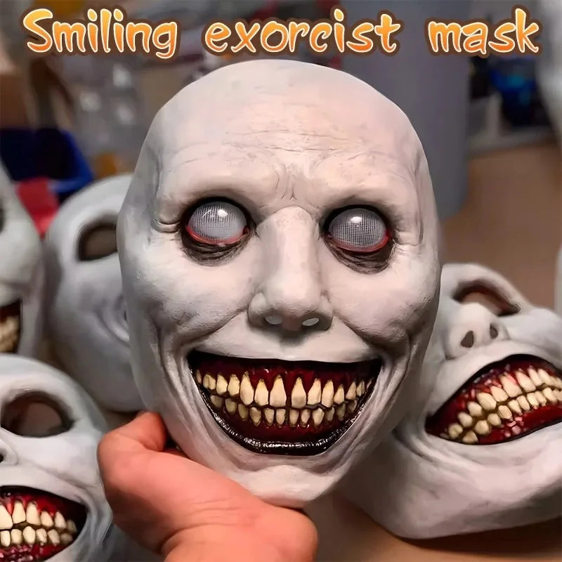 Skummel Exorcist Demon Lateksmaske med Hvite Øyne