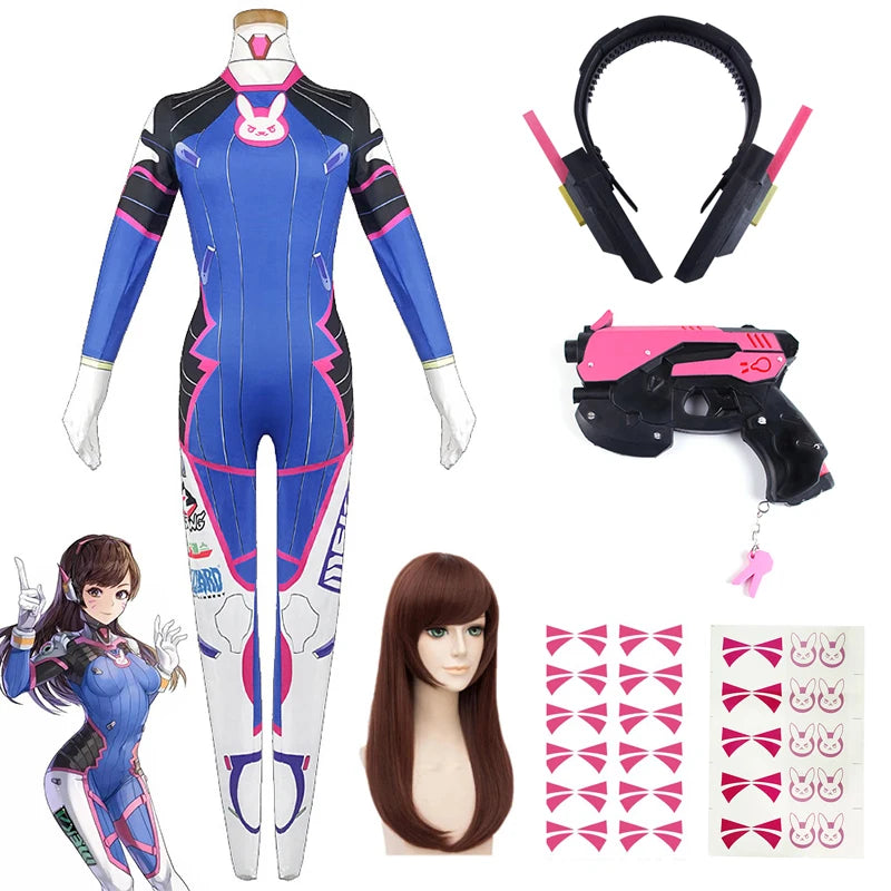 Overwatch D.Va Deluxe Cosplay-sett med Parykk & Hodesett