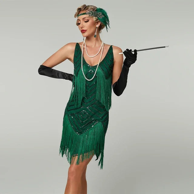 Gatsby Flapper Kjole med Paljetter og Frynser