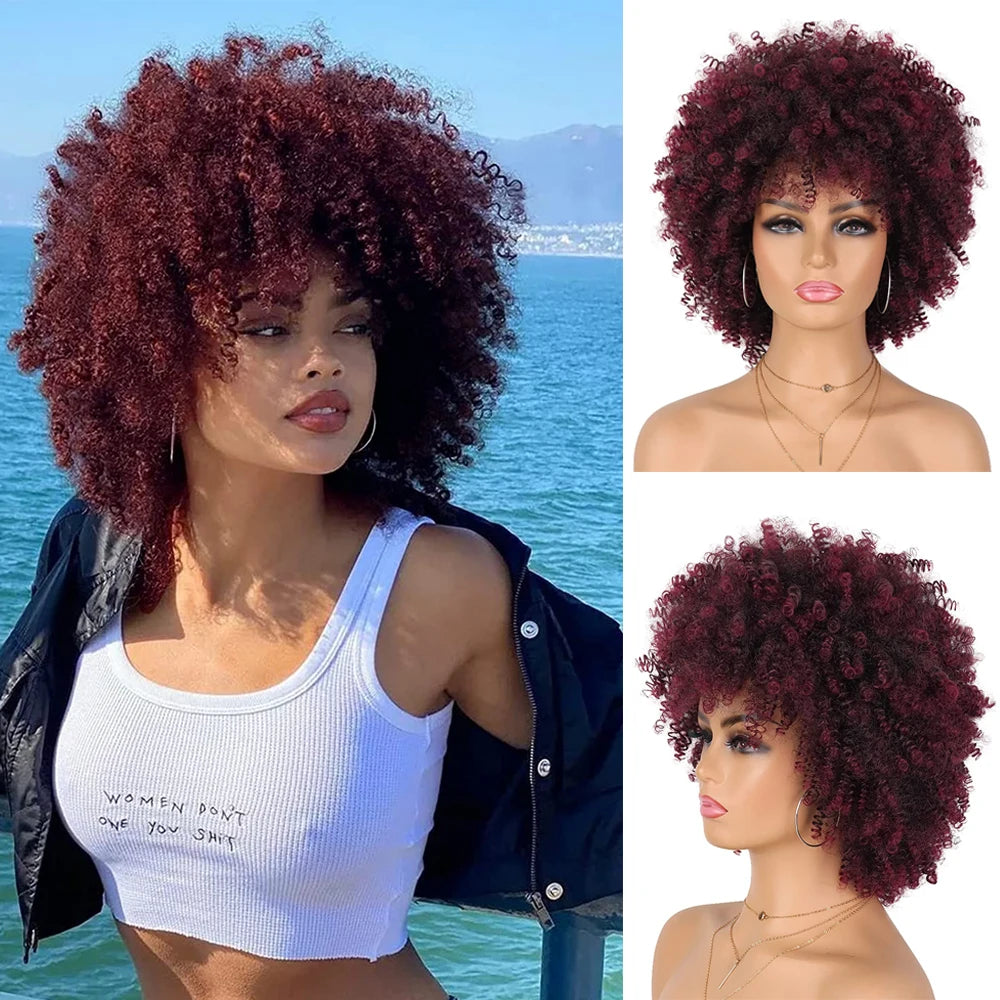 Kort Kinky Curly Afroparykk med Pannelugg