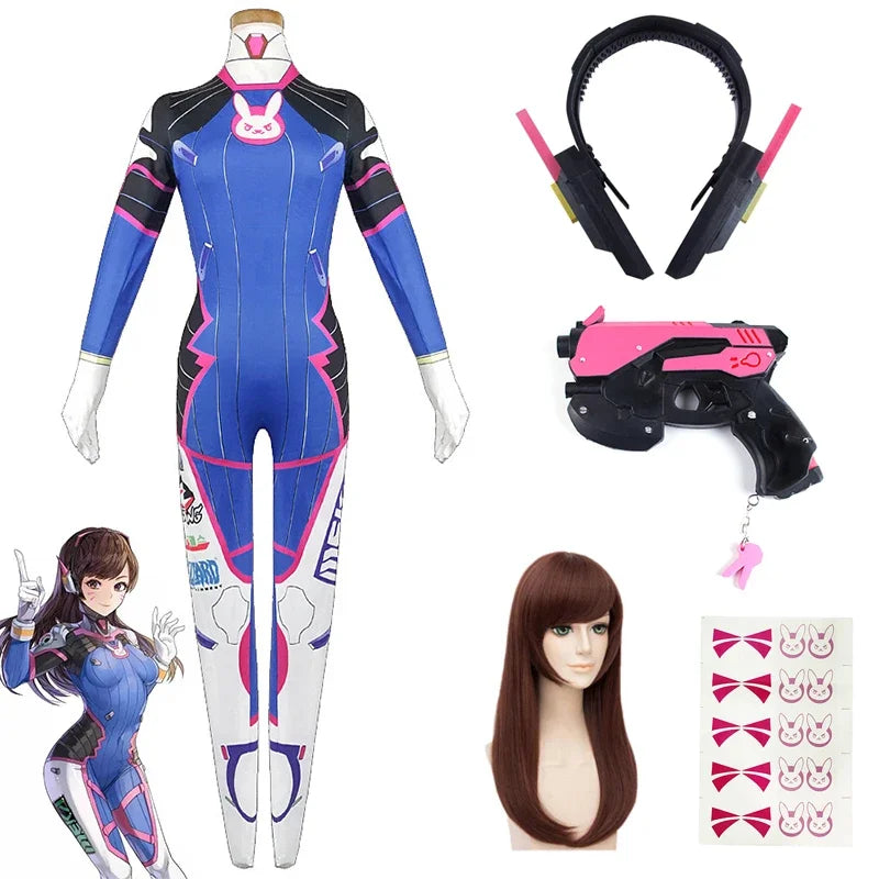 Overwatch D.Va Deluxe Cosplay-sett med Parykk & Hodesett