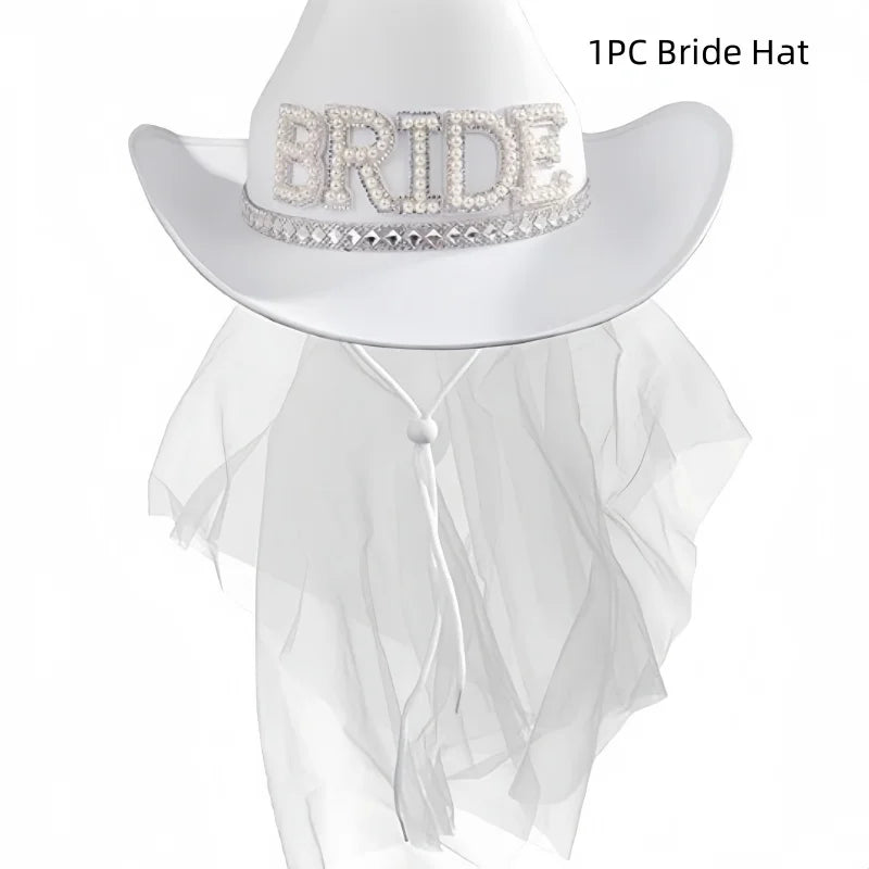 Bride To Be Cowboyhatt med Slør & Satengbånd