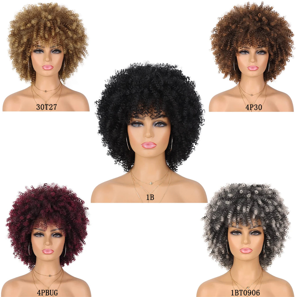Kort Kinky Curly Afroparykk med Pannelugg