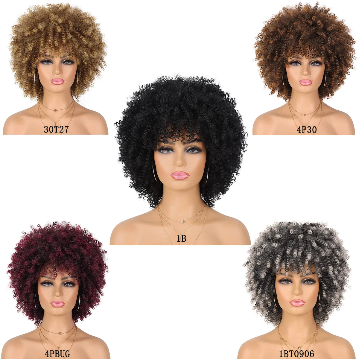 Kort Kinky Curly Afroparykk med Pannelugg