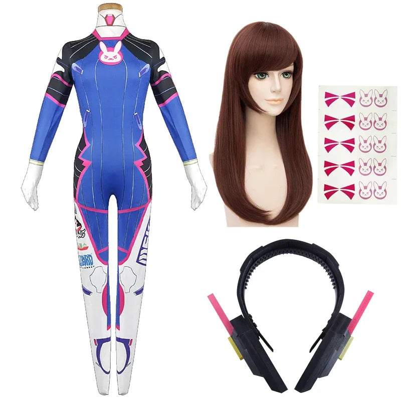 Overwatch D.Va Deluxe Cosplay-sett med Parykk & Hodesett