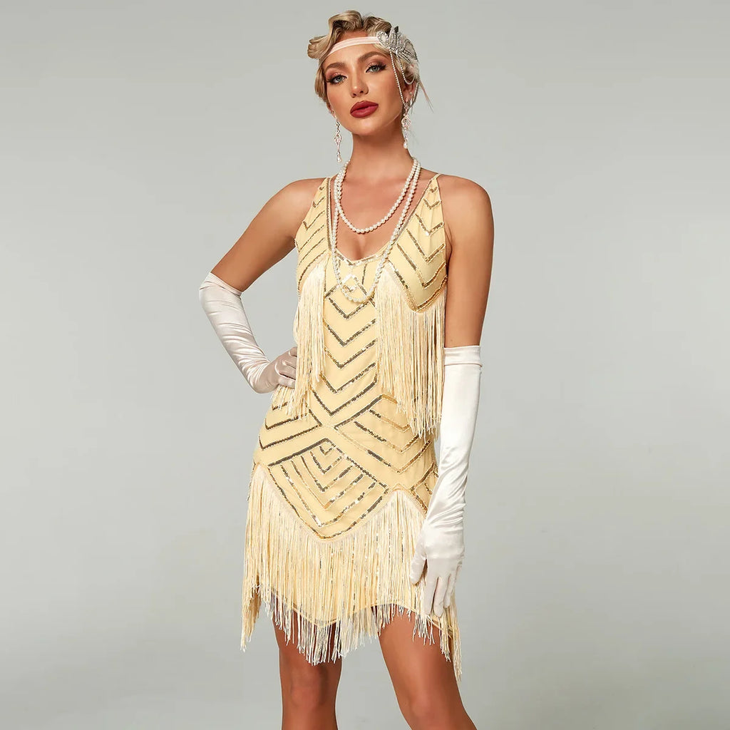 Gatsby Flapper Kjole med Paljetter og Frynser
