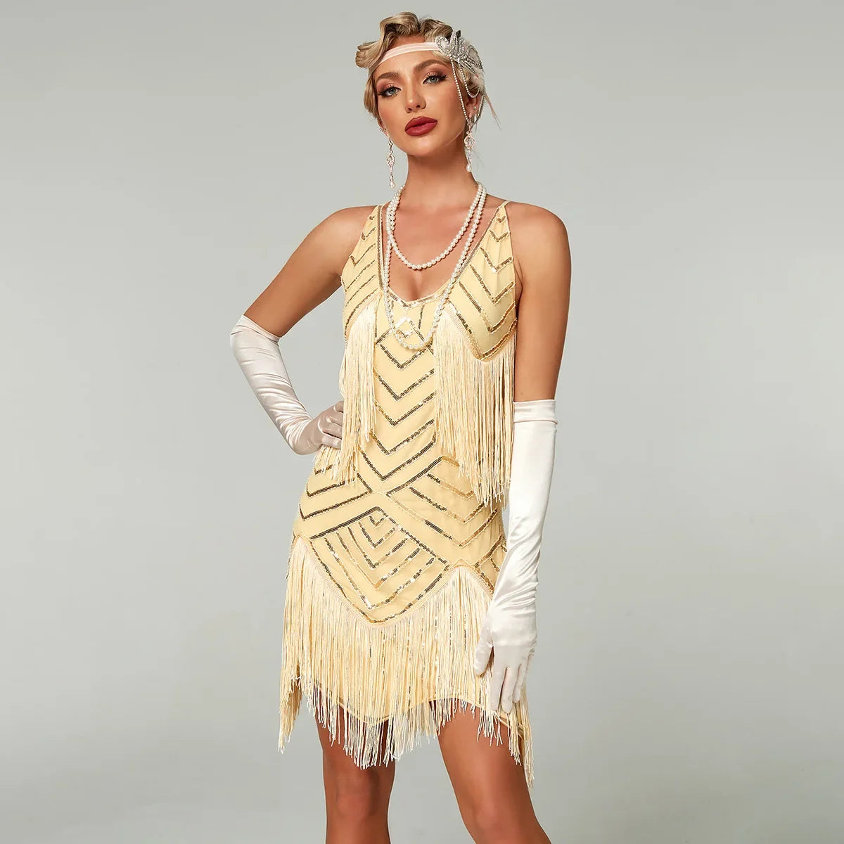 Gatsby Flapper Kjole med Paljetter og Frynser