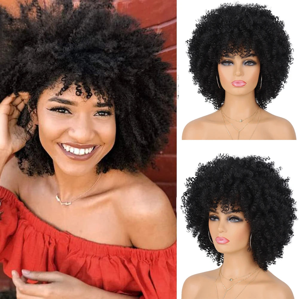 Kort Kinky Curly Afroparykk med Pannelugg