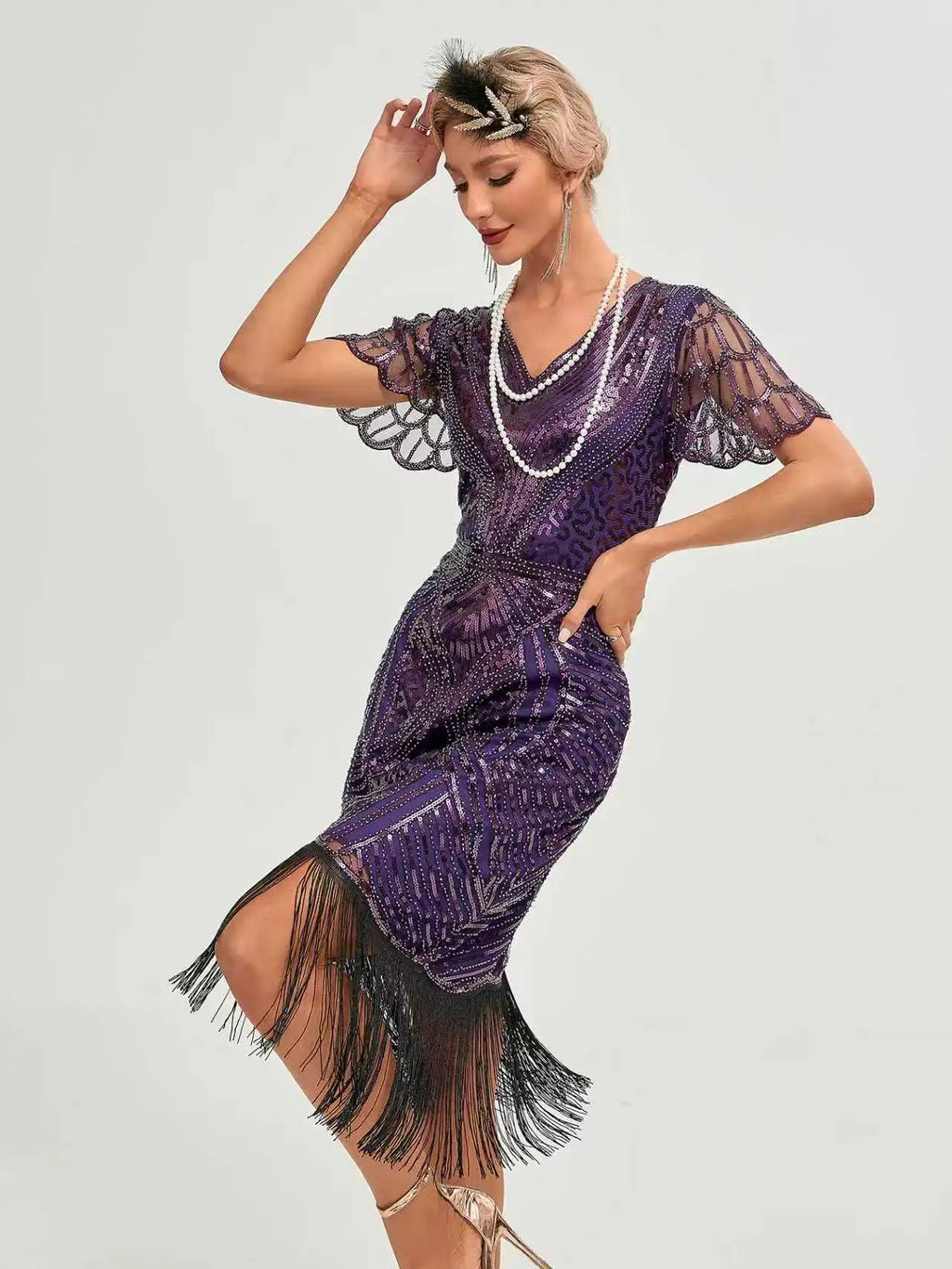 Roaring 20s Flapper Kostymekjole med Perler og Frynser