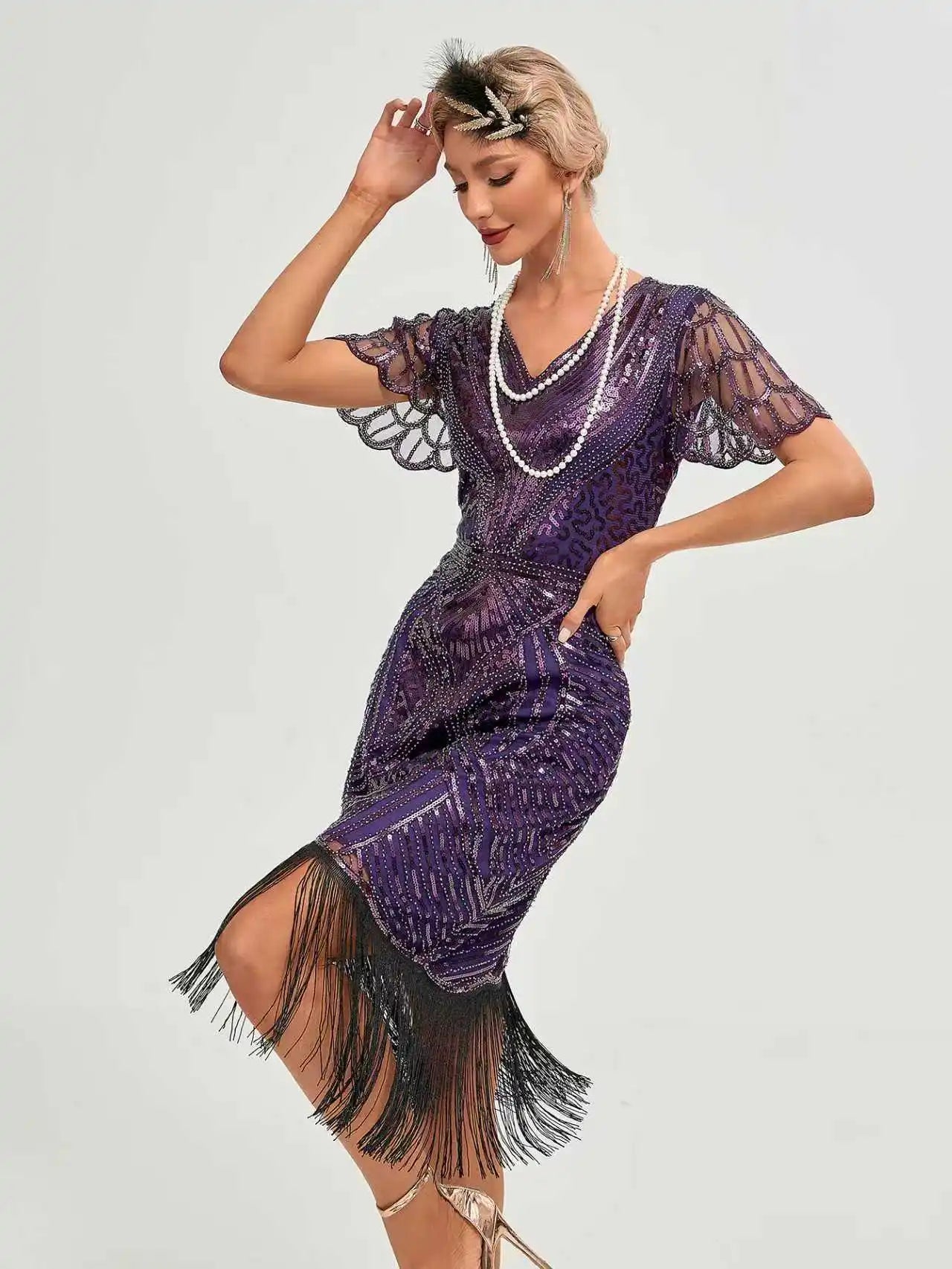 Roaring 20s Flapper Kostymekjole med Perler og Frynser