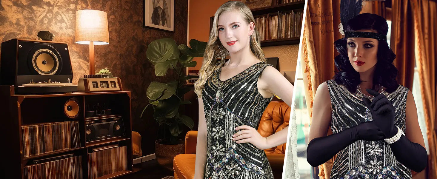 Elegant Great Gatsby Flapper Kjole med Tilbehørsett