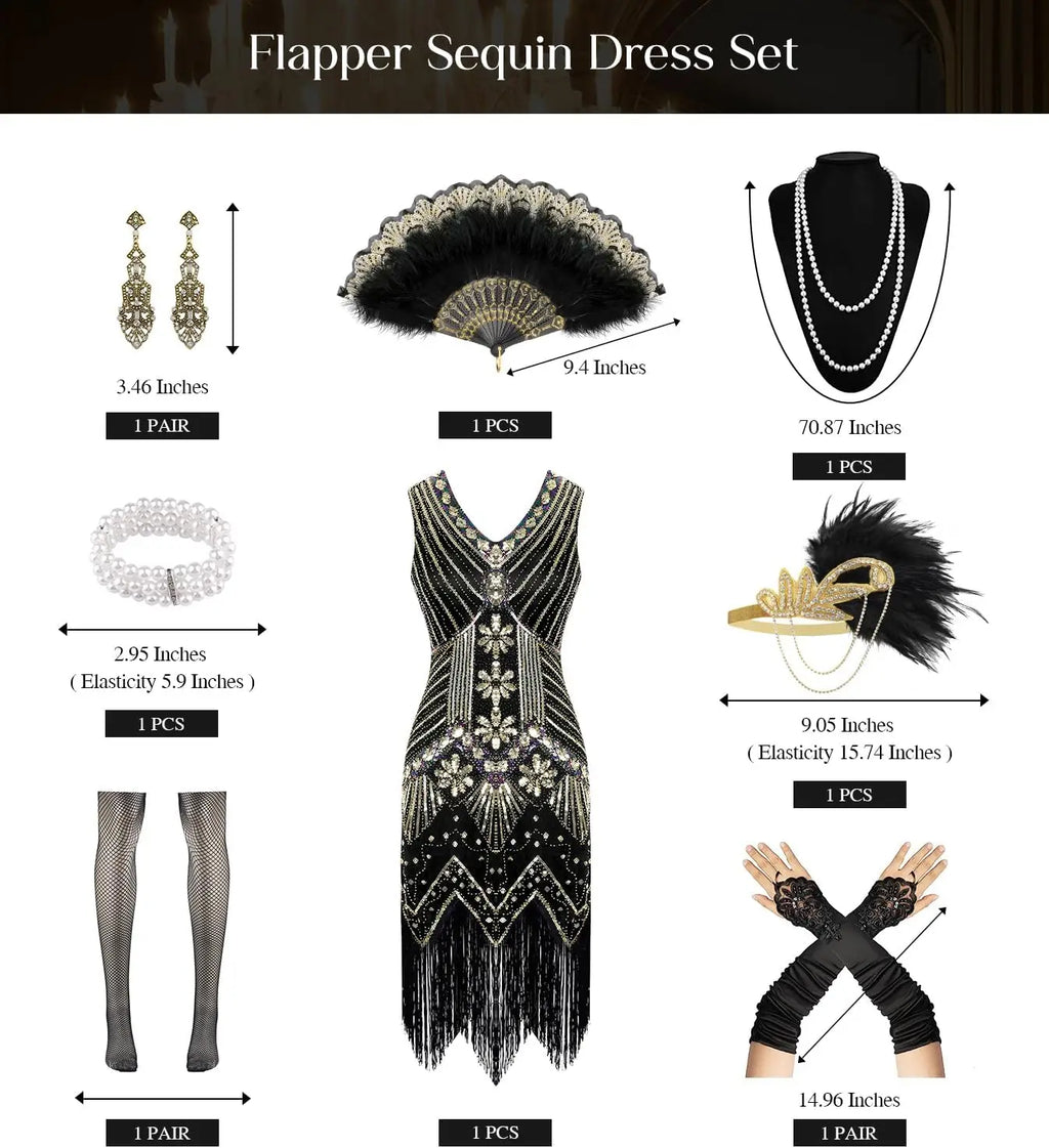 Elegant Great Gatsby Flapper Kjole med Tilbehørsett