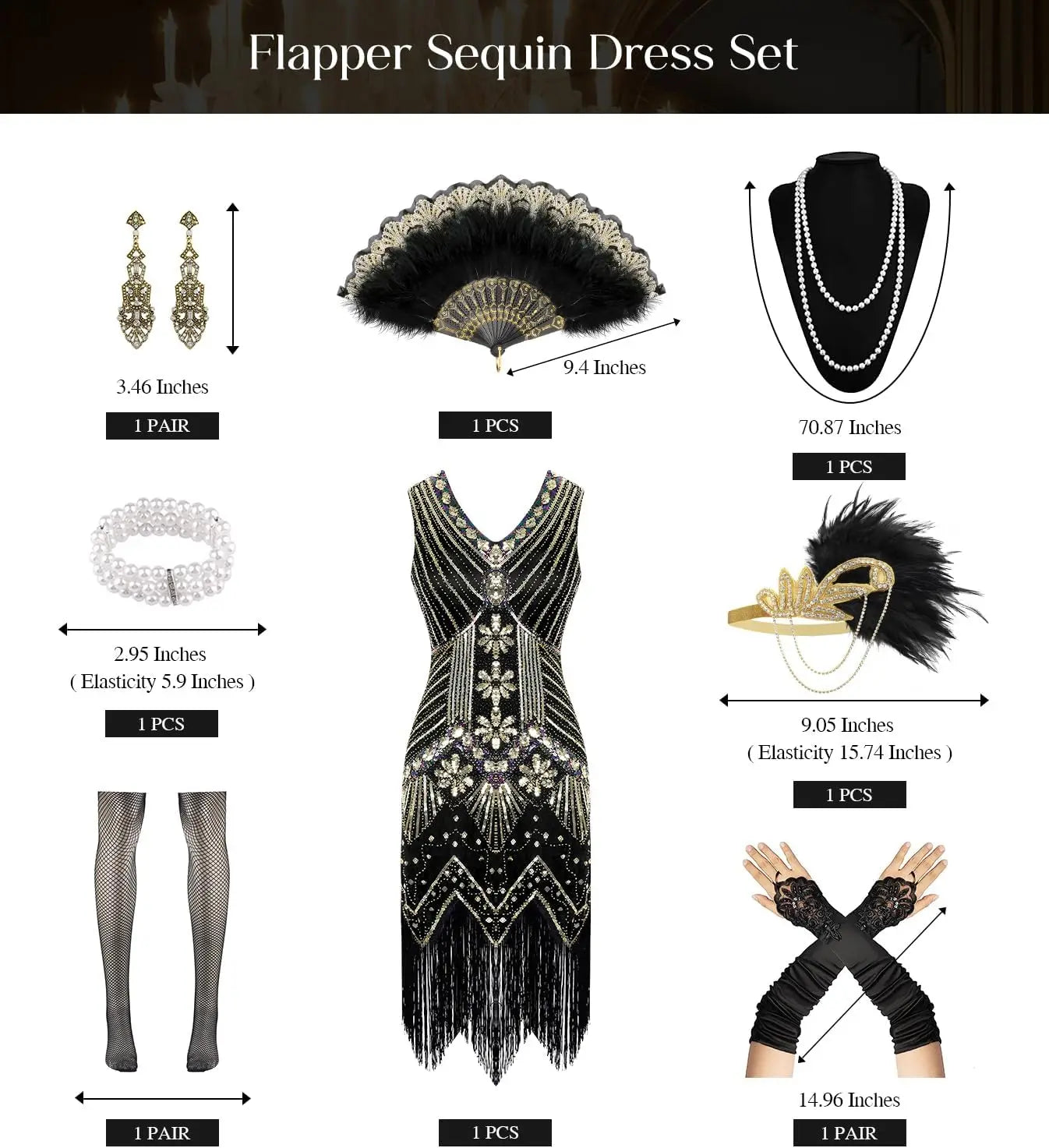 Elegant Great Gatsby Flapper Kjole med Tilbehørsett
