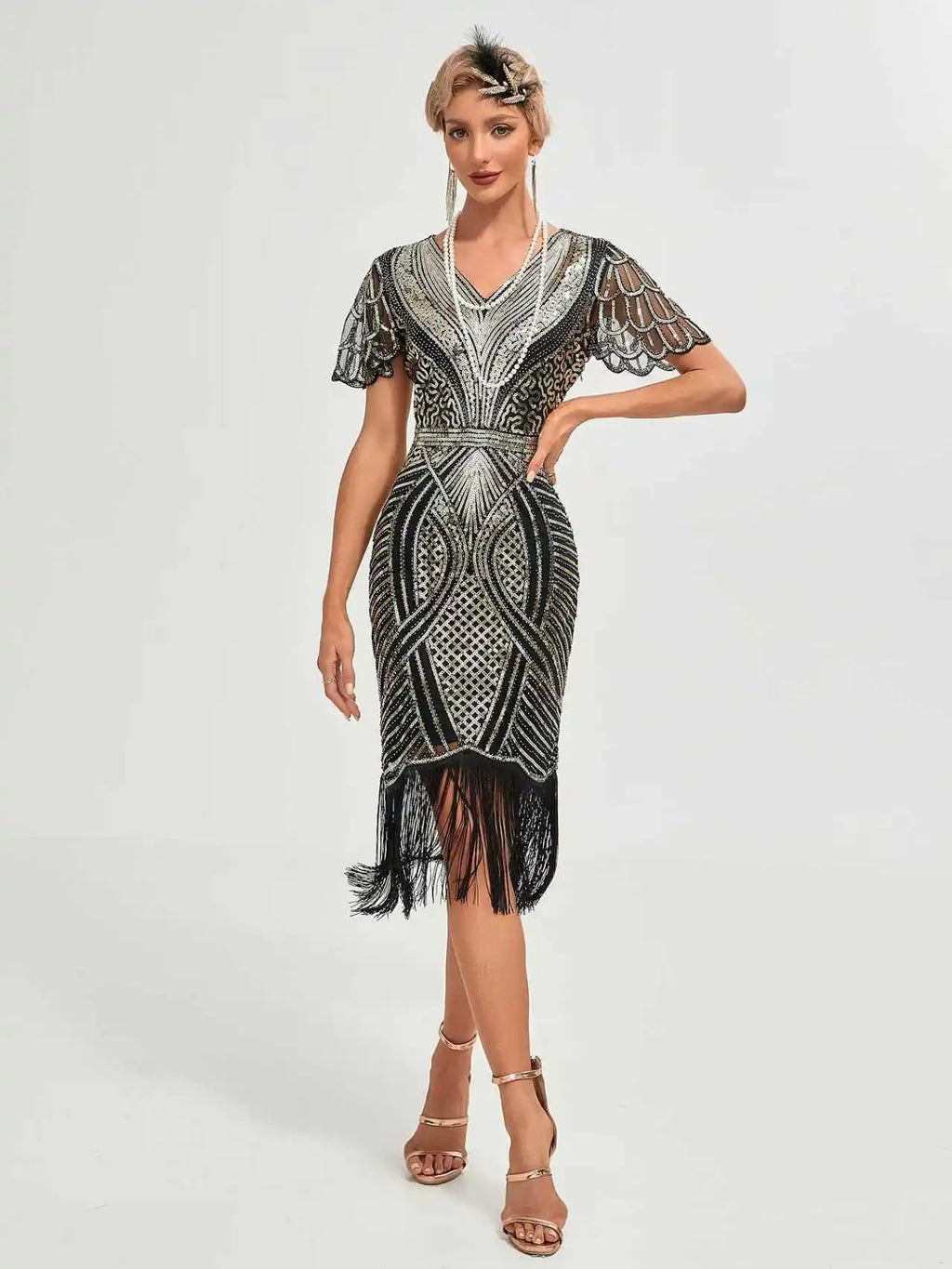 Roaring 20s Flapper Kostymekjole med Perler og Frynser