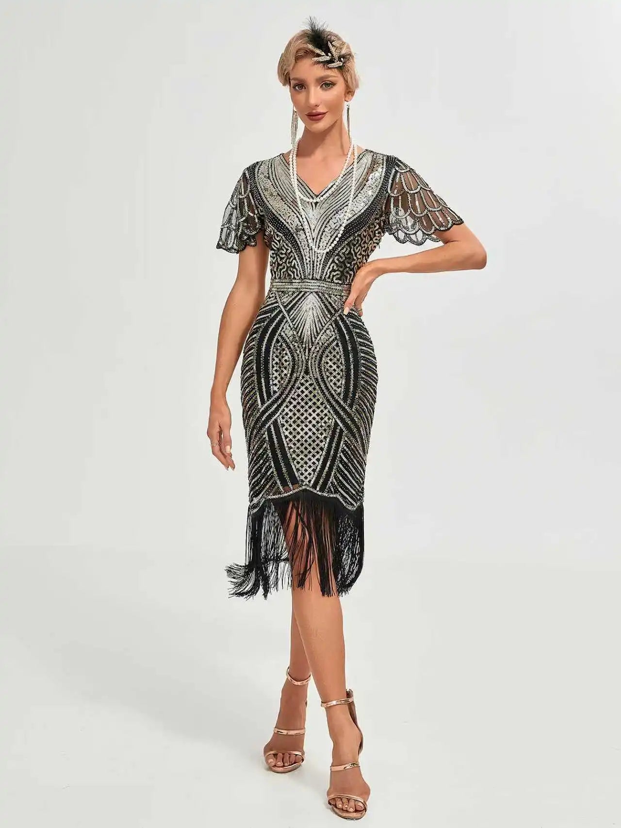 Roaring 20s Flapper Kostymekjole med Perler og Frynser